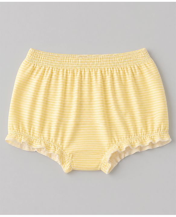 Babyhug 100% Cotton Single Jersey Knit Antibacterial Bloomers with Floral Bunny Print & Stripes Pack of 3 - White Yellow Blue