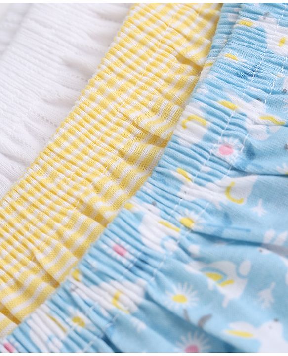 Babyhug 100% Cotton Single Jersey Knit Antibacterial Bloomers with Floral Bunny Print & Stripes Pack of 3 - White Yellow Blue