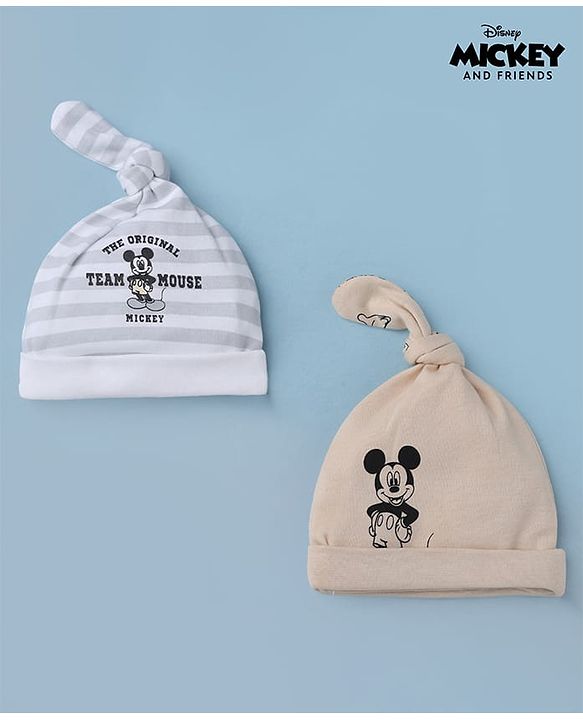 Babyhug Disney 100% Cotton Interock Knit Cap With Mickey Mouse Graphic Pack of 2 White - Diameter 14.5 cm