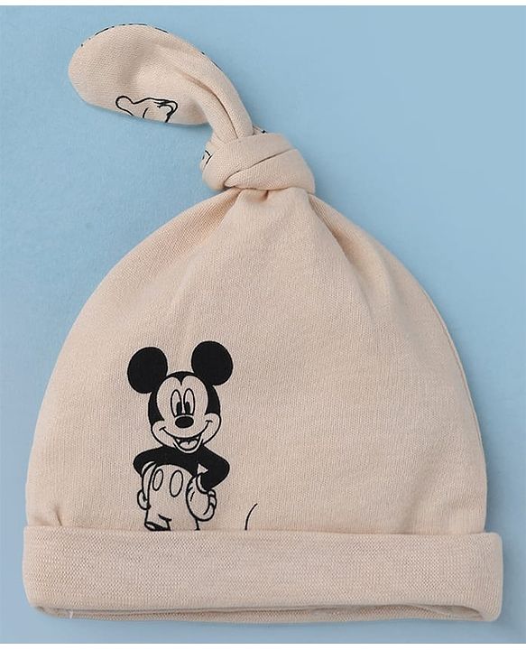 Babyhug Disney 100% Cotton Interock Knit Cap With Mickey Mouse Graphic Pack of 2 White - Diameter 14.5 cm