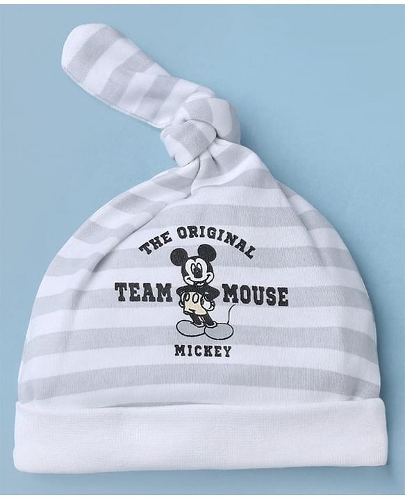 Babyhug Disney 100% Cotton Interock Knit Cap With Mickey Mouse Graphic Pack of 2 White - Diameter 14.5 cm