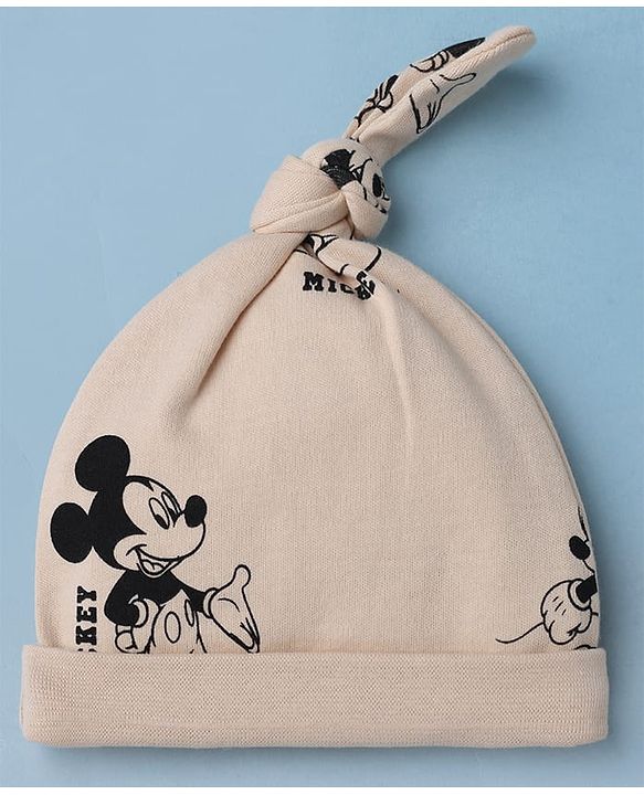 Babyhug Disney 100% Cotton Interock Knit Cap With Mickey Mouse Graphic Pack of 2 White - Diameter 14.5 cm