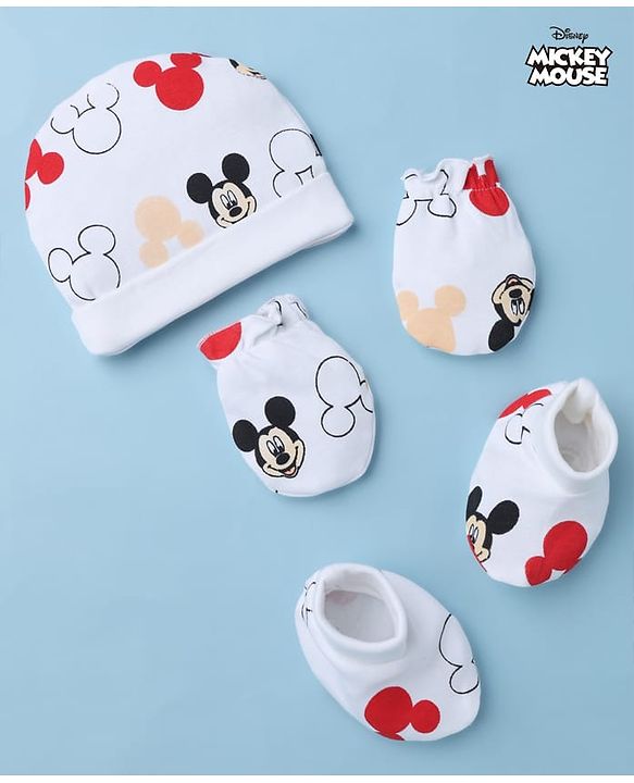 Babyhug Disney 100% Cotton Interlock Knit Cap Mittens & Booties with Mickey Mouse Graphic Print White - Diameter 14.5 cm