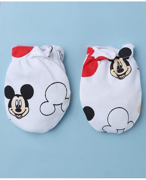 Babyhug Disney 100% Cotton Interlock Knit Cap Mittens & Booties with Mickey Mouse Graphic Print White - Diameter 14.5 cm