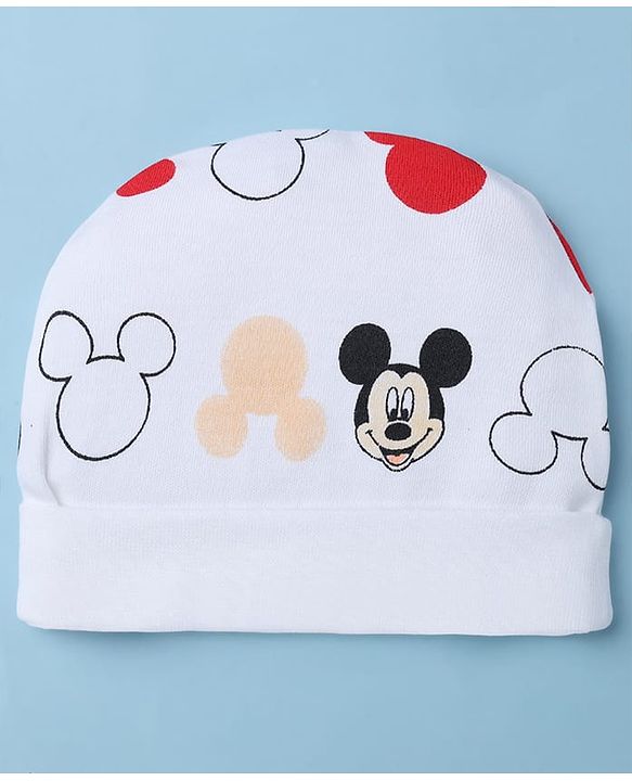 Babyhug Disney 100% Cotton Interlock Knit Cap Mittens & Booties with Mickey Mouse Graphic Print White - Diameter 14.5 cm
