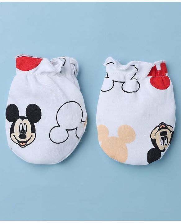 Babyhug Disney 100% Cotton Interlock Knit Cap Mittens & Booties with Mickey Mouse Graphic Print White - Diameter 14.5 cm