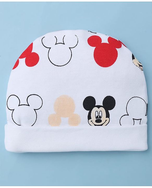 Babyhug Disney 100% Cotton Interlock Knit Cap Mittens & Booties with Mickey Mouse Graphic Print White - Diameter 14.5 cm