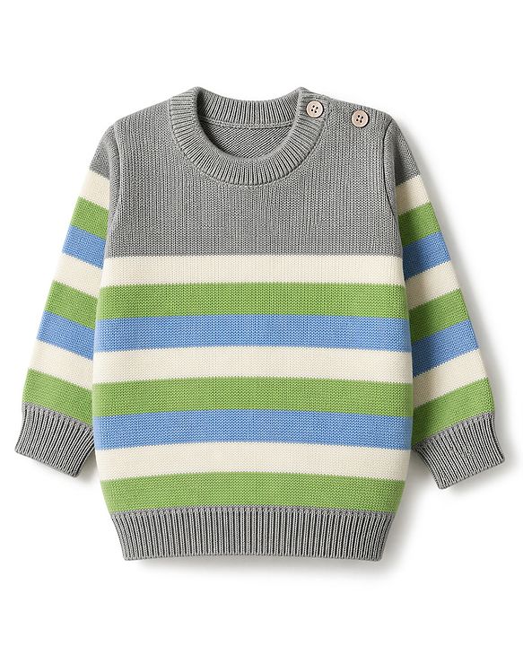 Babyhug Knit Full Sleeves Striped Sweater Set - Light Green & Grey