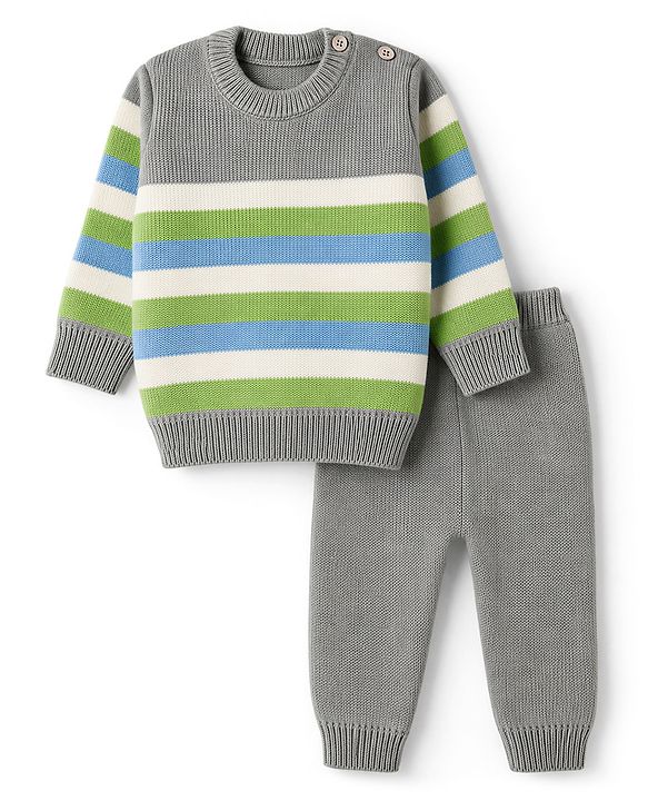 Babyhug Knit Full Sleeves Striped Sweater Set - Light Green & Grey