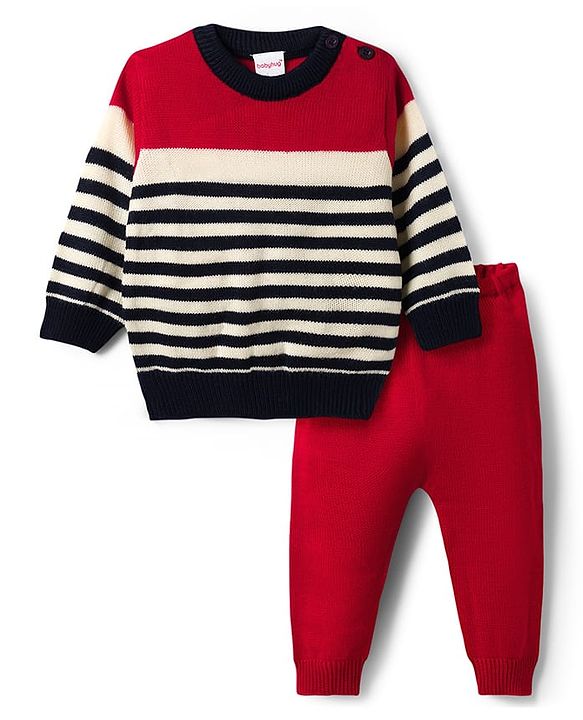 Babyhug Knit Full Sleeves Striped Sweater Set - Navy Blue & Red