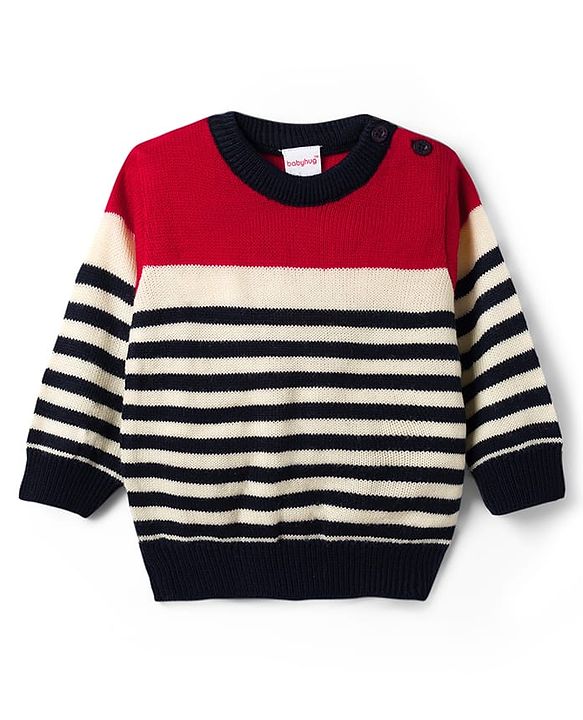 Babyhug Knit Full Sleeves Striped Sweater Set - Navy Blue & Red