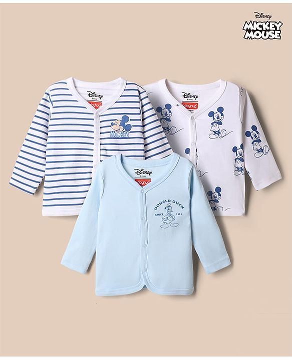 Babyhug Disney 100% Cotton Interlock Knit Full Sleeves Jhablas Mickey Mouse Print Pack of 3 - Blue & White