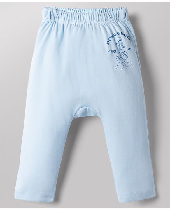 Babyhug Disney 100% Cotton Interlock Knit Full Length Striped Diaper Leggings with Mickey Mouse Graphic Print Pack of 3 - White, Light Blue & Navy Blue