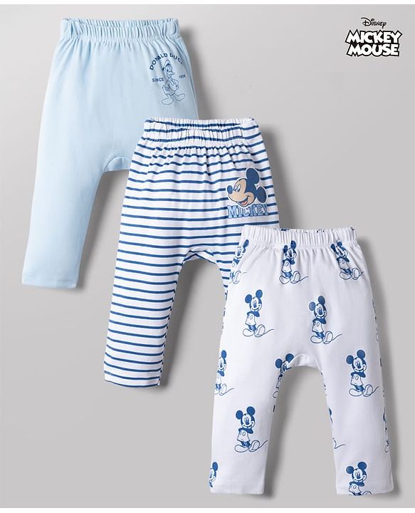 Babyhug Disney 100% Cotton Interlock Knit Full Length Striped Diaper Leggings with Mickey Mouse Graphic Print Pack of 3 - White, Light Blue & Navy Blue