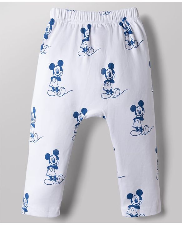 Babyhug Disney 100% Cotton Interlock Knit Full Length Striped Diaper Leggings with Mickey Mouse Graphic Print Pack of 3 - White, Light Blue & Navy Blue