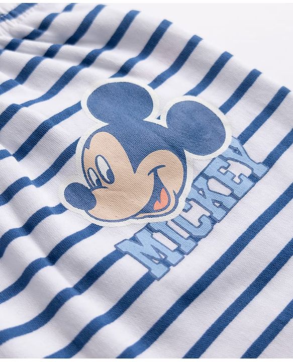 Babyhug Disney 100% Cotton Interlock Knit Full Length Striped Diaper Leggings with Mickey Mouse Graphic Print Pack of 3 - White, Light Blue & Navy Blue