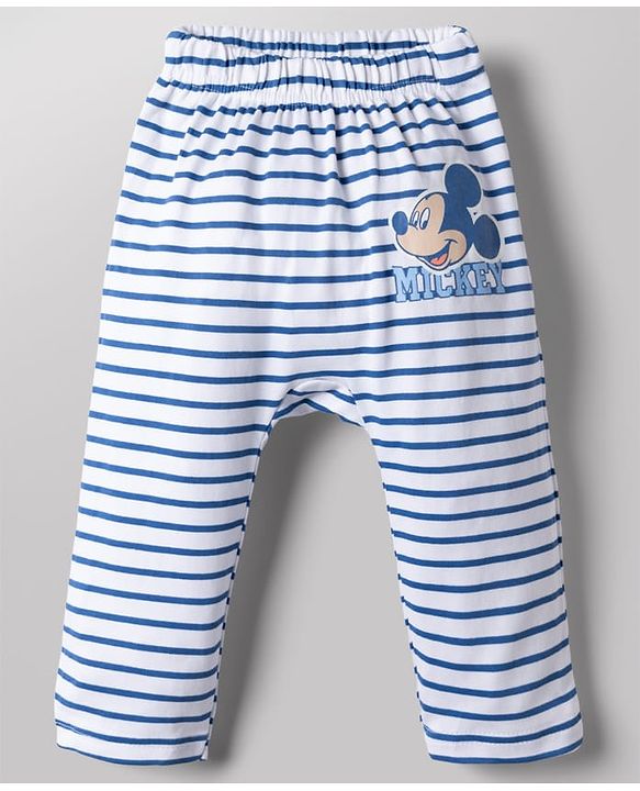 Babyhug Disney 100% Cotton Interlock Knit Full Length Striped Diaper Leggings with Mickey Mouse Graphic Print Pack of 3 - White, Light Blue & Navy Blue