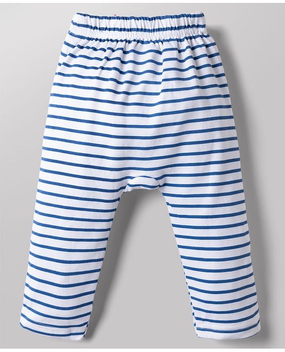 Babyhug Disney 100% Cotton Interlock Knit Full Length Striped Diaper Leggings with Mickey Mouse Graphic Print Pack of 3 - White, Light Blue & Navy Blue