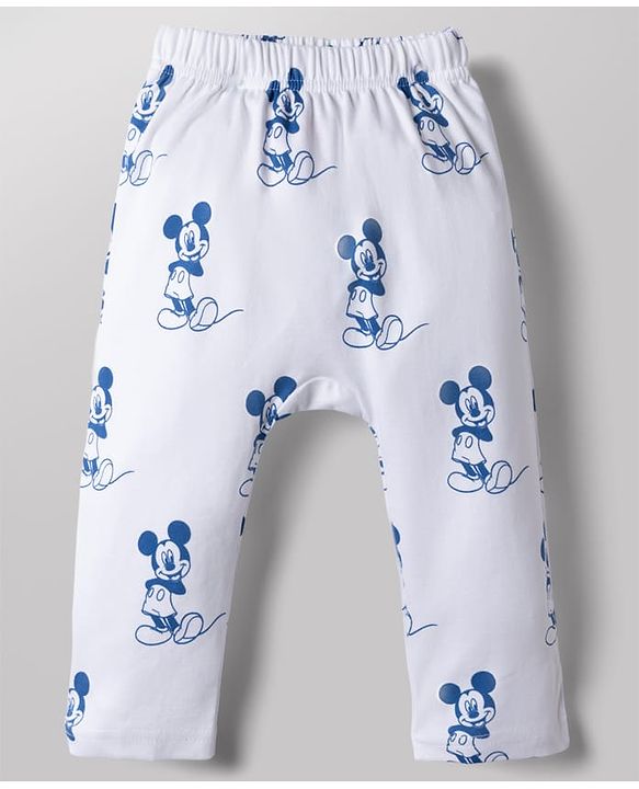 Babyhug Disney 100% Cotton Interlock Knit Full Length Striped Diaper Leggings with Mickey Mouse Graphic Print Pack of 3 - White, Light Blue & Navy Blue