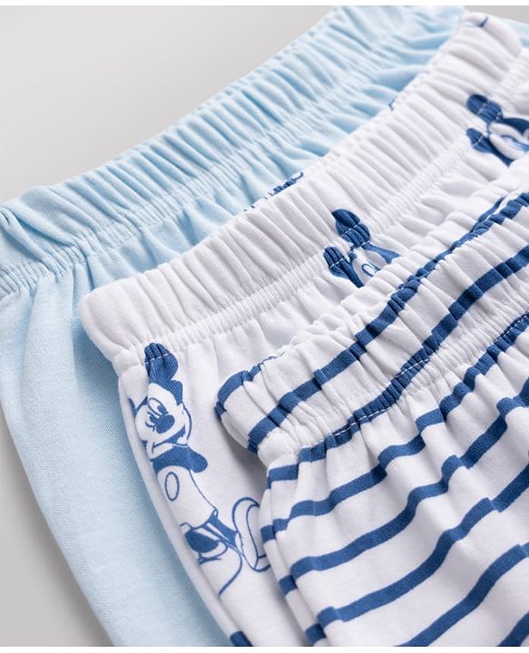 Babyhug Disney 100% Cotton Interlock Knit Full Length Striped Diaper Leggings with Mickey Mouse Graphic Print Pack of 3 - White, Light Blue & Navy Blue