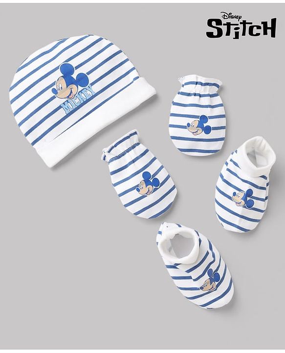 Babyhug Disney Cap Mitten and Booties With Mickey Mouse Graphic in White Cap Diameter - 9.5 cm