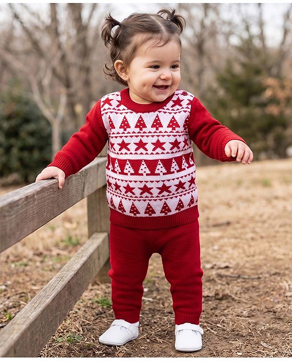 Babyhug Knit Full Sleeves Christmas Theme Printed Sweater Set - Red
