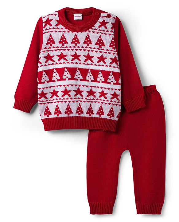 Babyhug Knit Full Sleeves Christmas Theme Printed Sweater Set - Red