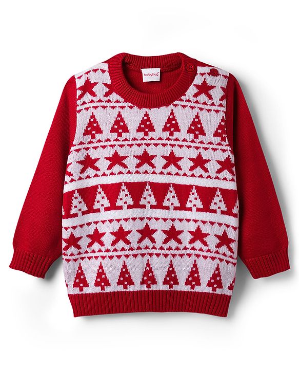 Babyhug Knit Full Sleeves Christmas Theme Printed Sweater Set - Red