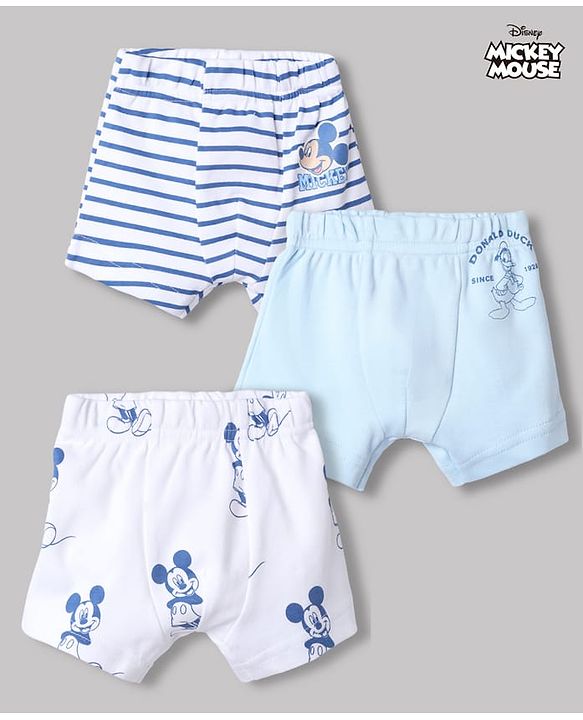 Babyhug Disney 100% Cotton Interlock Knit Trunks With Mickey Mouse Print Pack of 3 - Blue & White