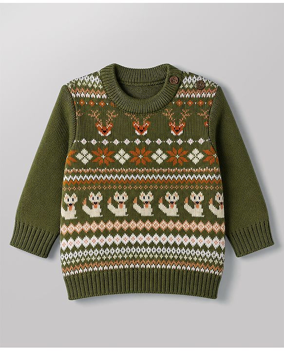 Babyhug  Knit Full Sleeves Sweater Set with Animal Design - Green