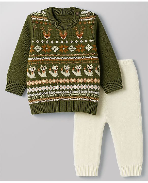 Babyhug  Knit Full Sleeves Sweater Set with Animal Design - Green
