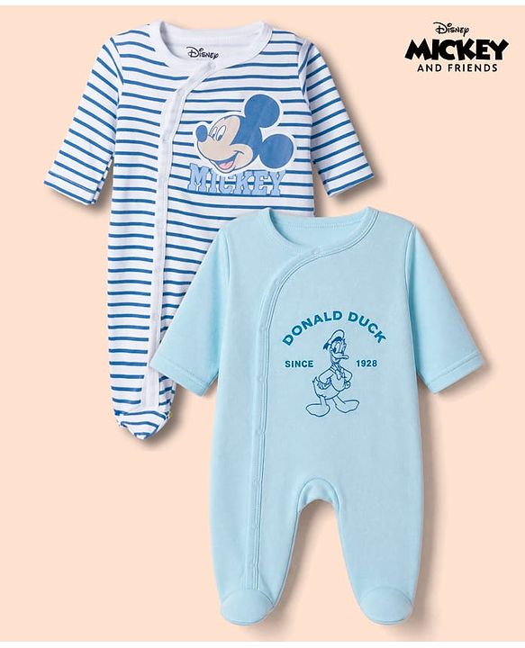 Babyhug Disney 100% Cotton Interlock Knit Full Sleeves Footed Sleepsuit With Mickey Mouse Print Pack Of 2 - Blue