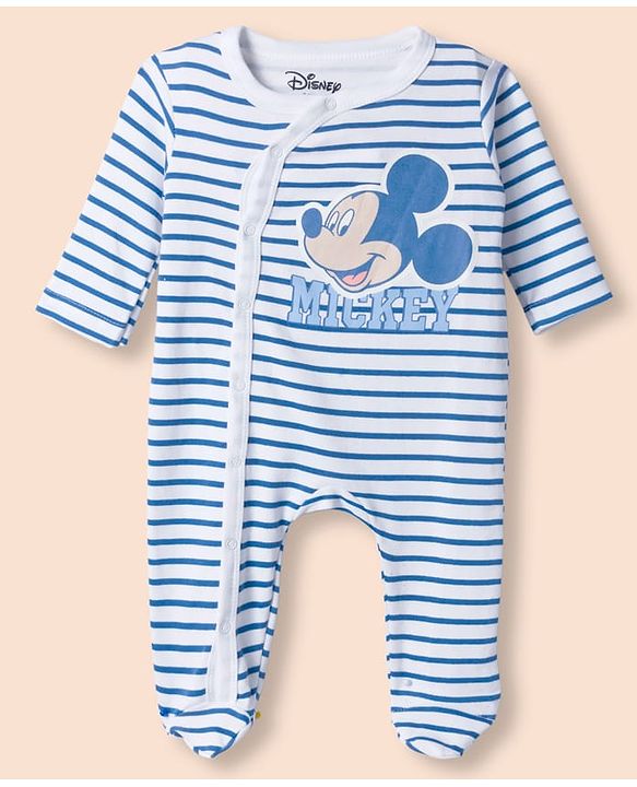 Babyhug Disney 100% Cotton Interlock Knit Full Sleeves Footed Sleepsuit With Mickey Mouse Print Pack Of 2 - Blue