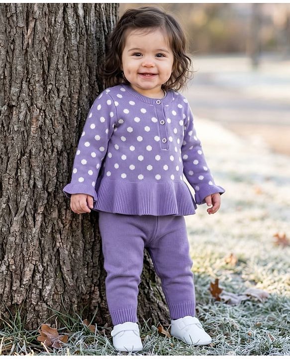 Babyhug Knit A-Line Full Sleeves Sweater Set with Polka Dot Design - Lavender
