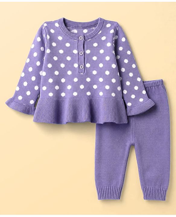 Babyhug Knit A-Line Full Sleeves Sweater Set with Polka Dot Design - Lavender