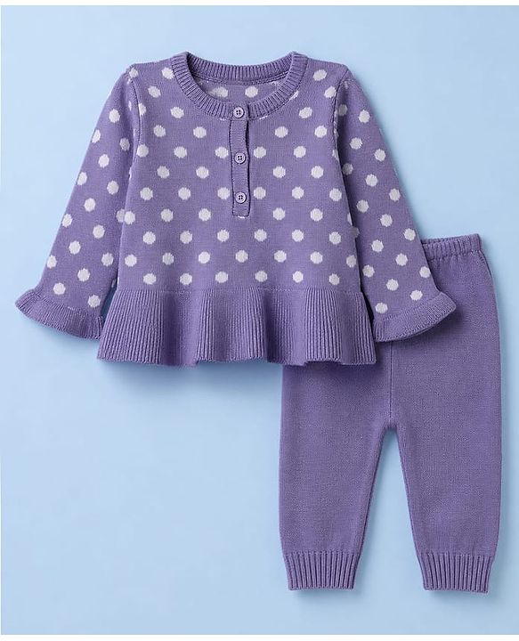 Babyhug Knit A-Line Full Sleeves Sweater Set with Polka Dot Design - Lavender