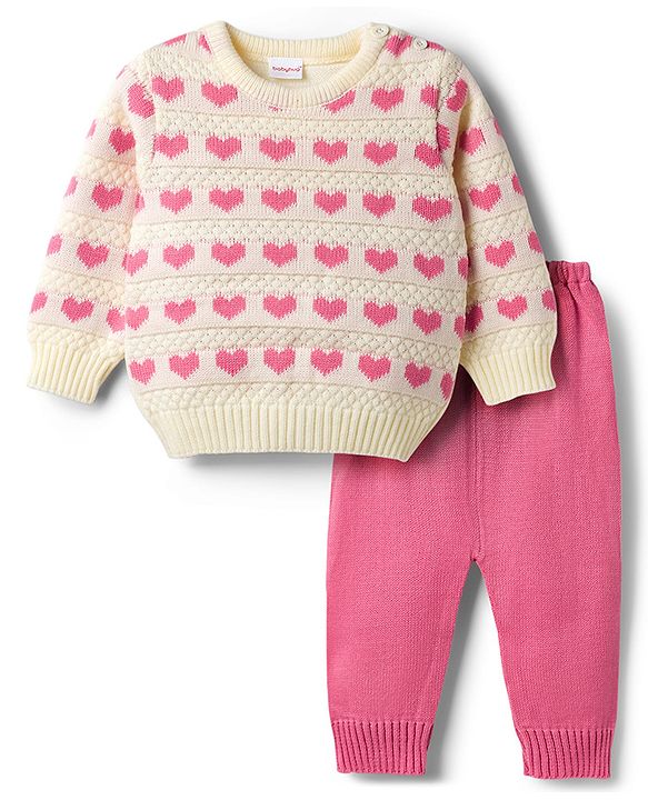 Babyhug Knit Full Sleeves Sweater Set With Hearts Design - Pink