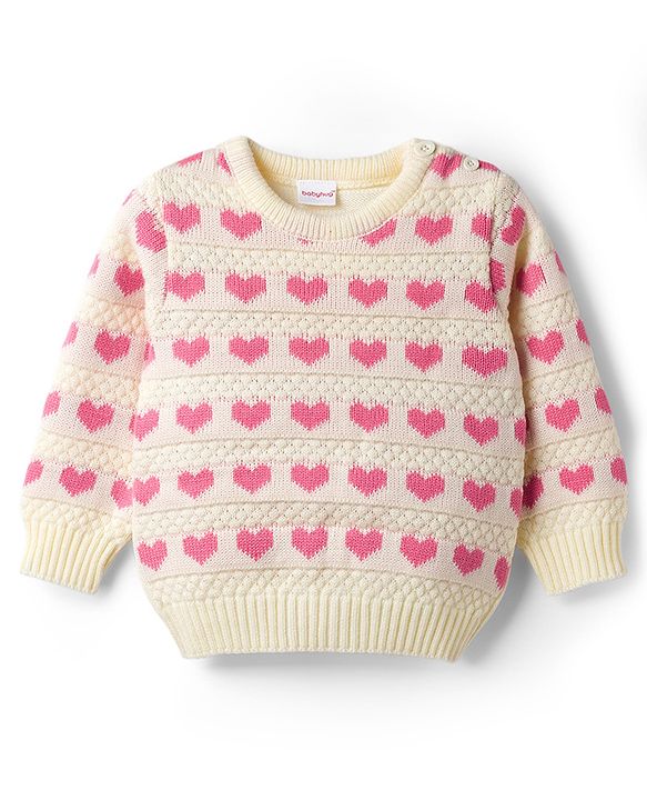 Babyhug Knit Full Sleeves Sweater Set With Hearts Design - Pink