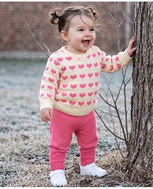 Babyhug Knit Full Sleeves Sweater Set With Hearts Design - Pink