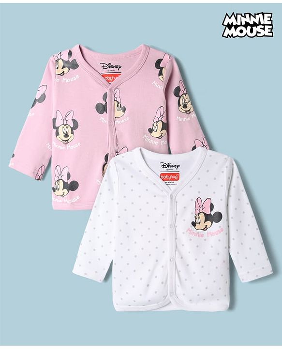 Babyhug Disney 100% Cotton Interlock Knit Full Sleeves Front Open Jhablas with Minnie Mouse Graphic & Polka Dots Print Pack of 2 - White & Pink