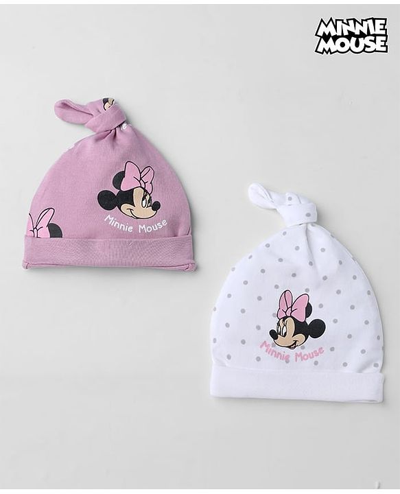 Babyhug Disney 100% Cotton Interlock Knit Pony Cap with Polka Dots & Minnie Mouse Print Pack of 2 White & Pink - Diameter 14 cm