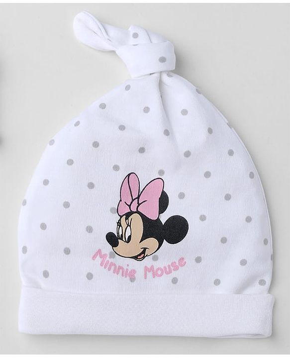 Babyhug Disney 100% Cotton Interlock Knit Pony Cap with Polka Dots & Minnie Mouse Print Pack of 2 White & Pink - Diameter 14 cm