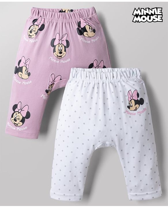 Babyhug Disney 100% Cotton Interlock Knit Full Length Striped Diaper Leggings with Minnie Mouse Graphic & Polka Dots Print Pack of 2 - White & Pink