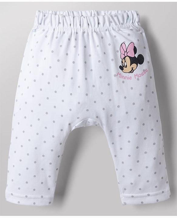 Babyhug Disney 100% Cotton Interlock Knit Full Length Striped Diaper Leggings with Minnie Mouse Graphic & Polka Dots Print Pack of 2 - White & Pink