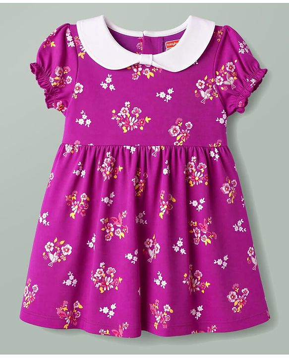 Babyhug Single Jersey Knit Half Sleeves Floral Printed Frock With Bloomer - Purple