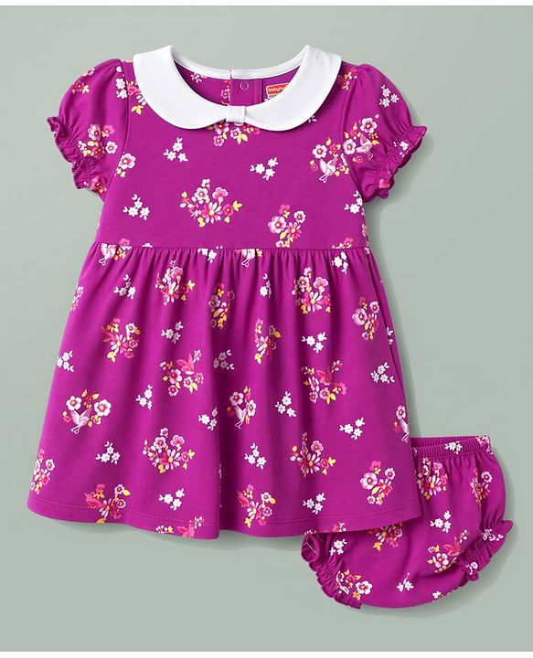 Babyhug Single Jersey Knit Half Sleeves Floral Printed Frock With Bloomer - Purple