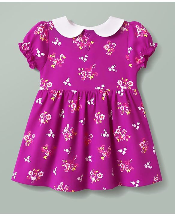 Babyhug Single Jersey Knit Half Sleeves Floral Printed Frock With Bloomer - Purple