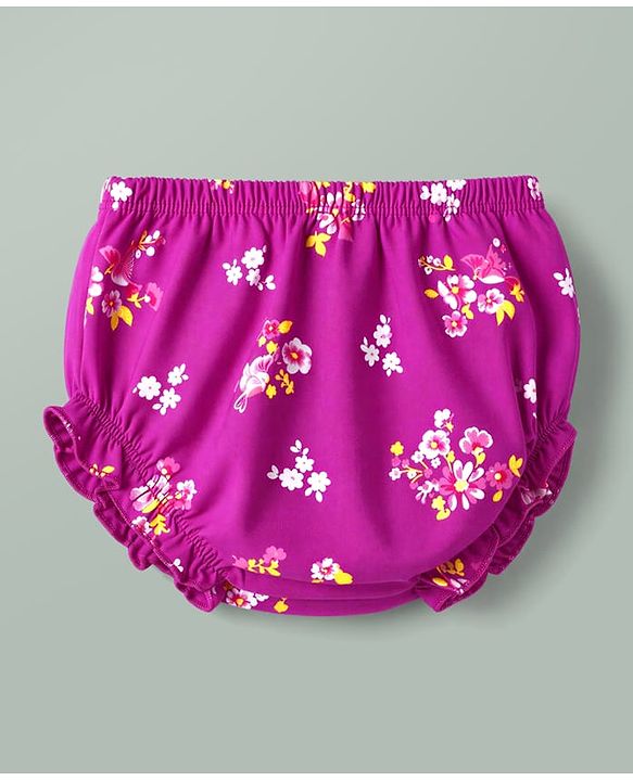 Babyhug Single Jersey Knit Half Sleeves Floral Printed Frock With Bloomer - Purple
