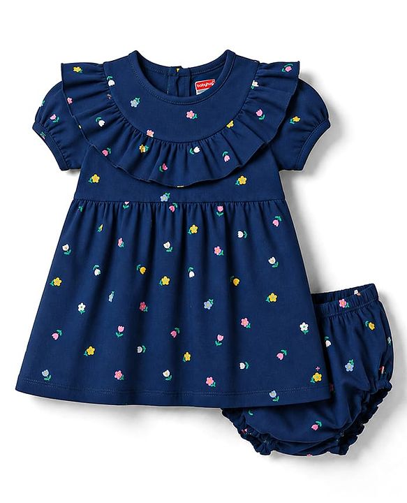 Babyhug Single Jersey Knit Half Sleeves Floral Printed Frock With Bloomer - Navy Blue
