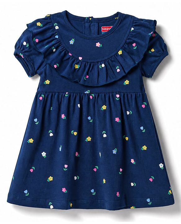 Babyhug Single Jersey Knit Half Sleeves Floral Printed Frock With Bloomer - Navy Blue